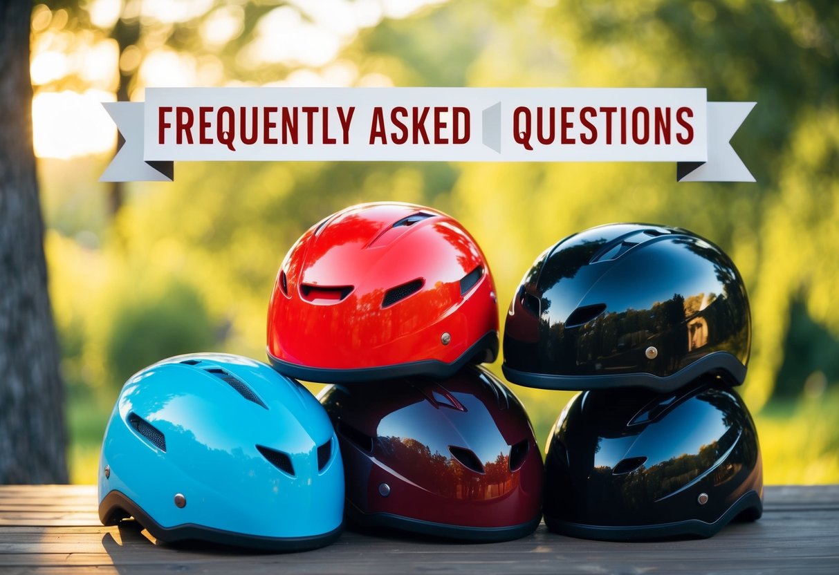 A stack of colorful helmets with a "Frequently Asked Questions" banner