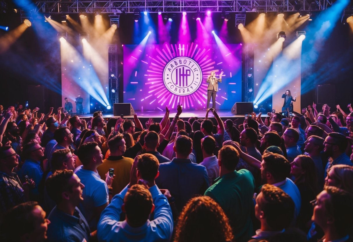 A colorful stage with spotlights shining on a logo backdrop, surrounded by excited crowd at a lively event