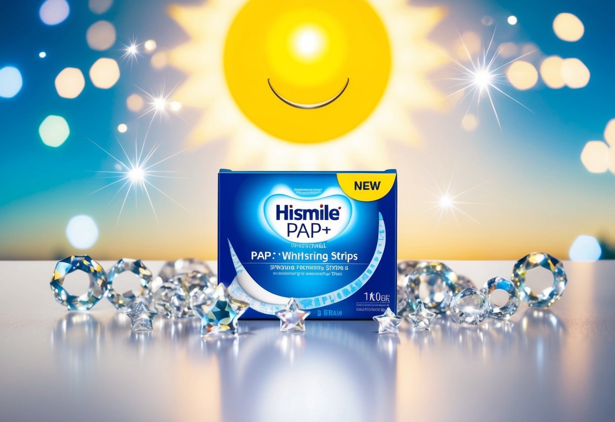 A bright, smiling sun shining down on a box of Hismile PAP+ Whitening Strips surrounded by sparkling promotional stars