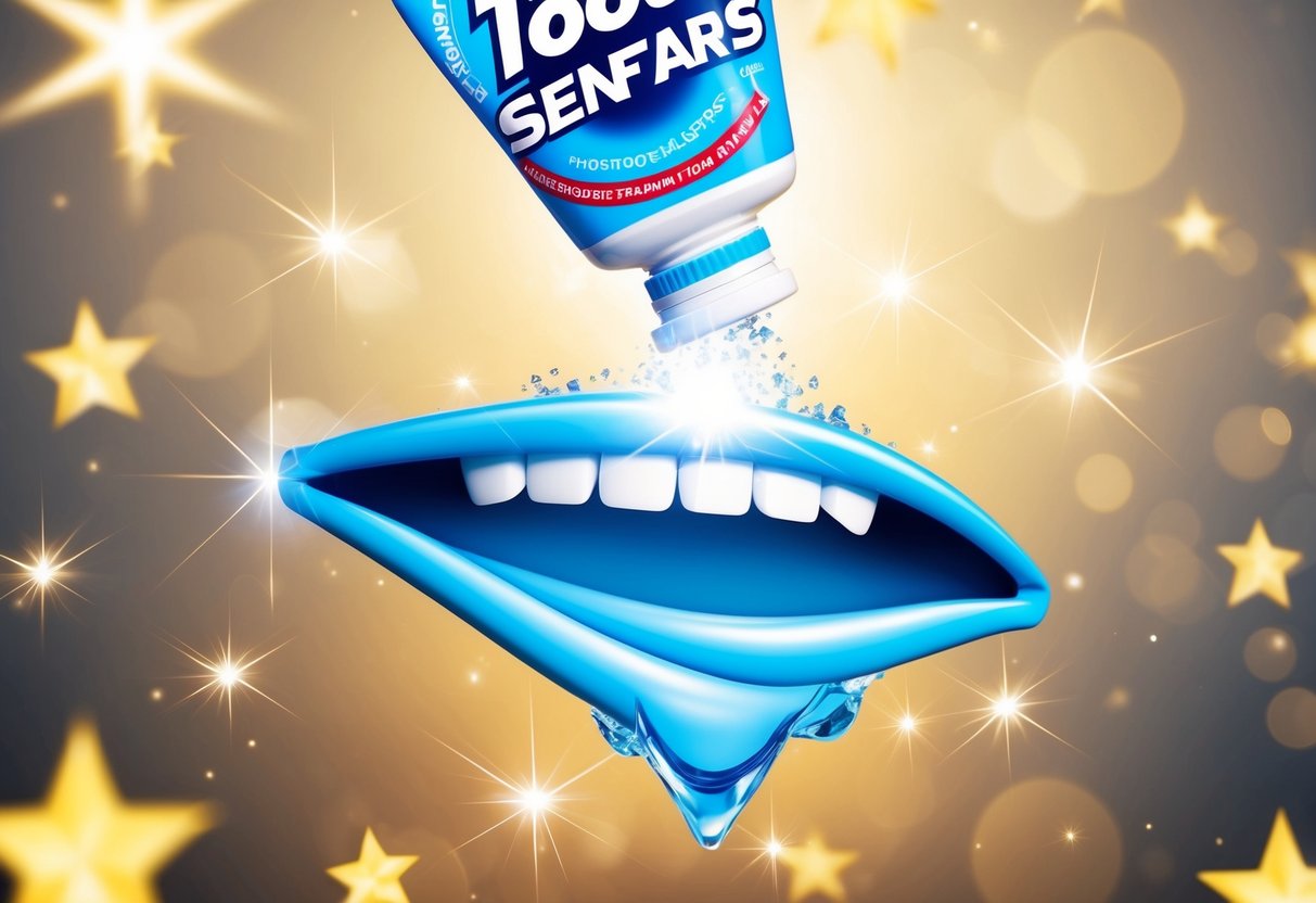 A dazzling smile shines from a tube of toothpaste surrounded by sparkling stars and bright, white teeth