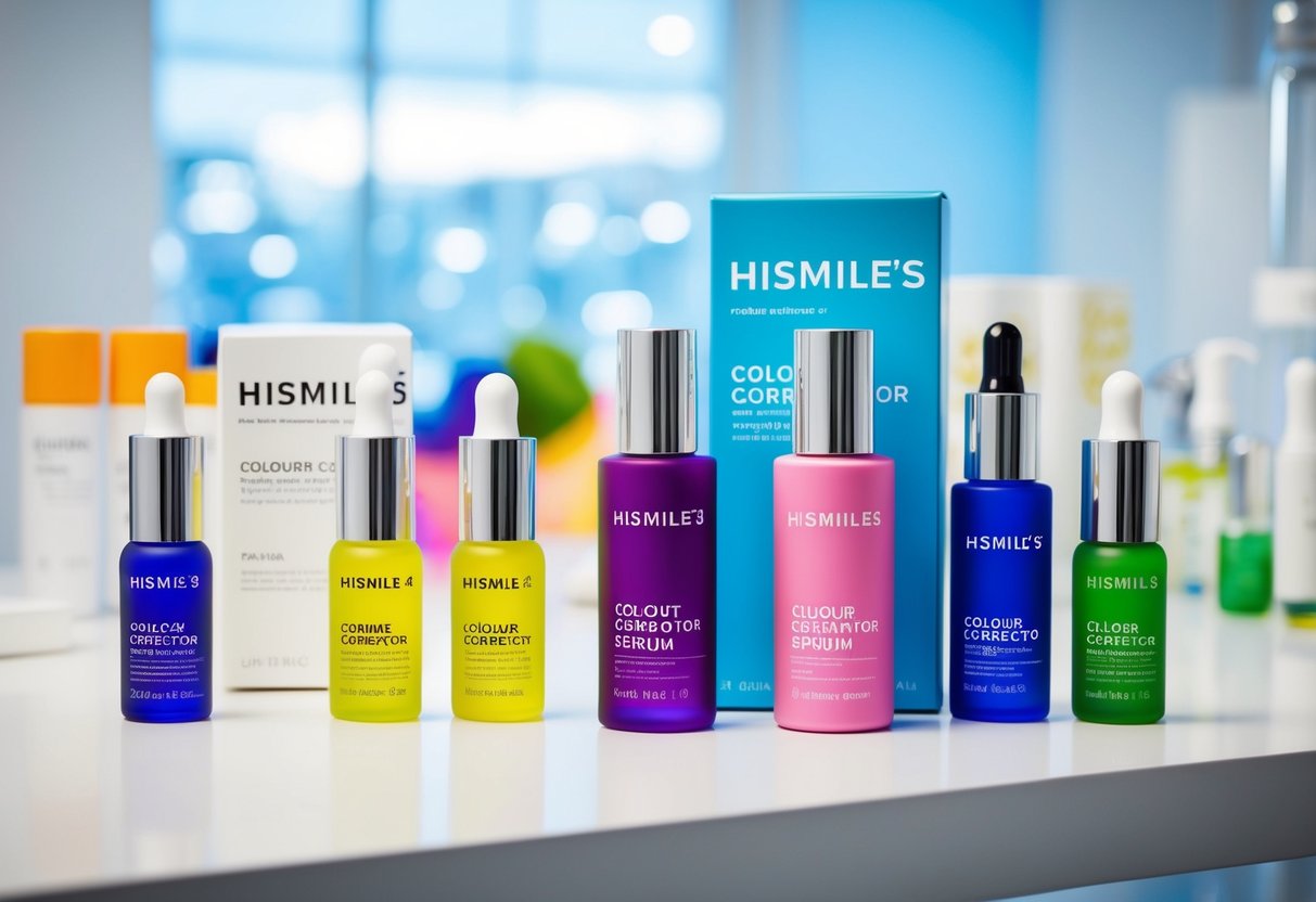 A bright, modern laboratory setting with sleek packaging and vibrant, colorful bottles of Hismile's Colour Corrector Serum on display