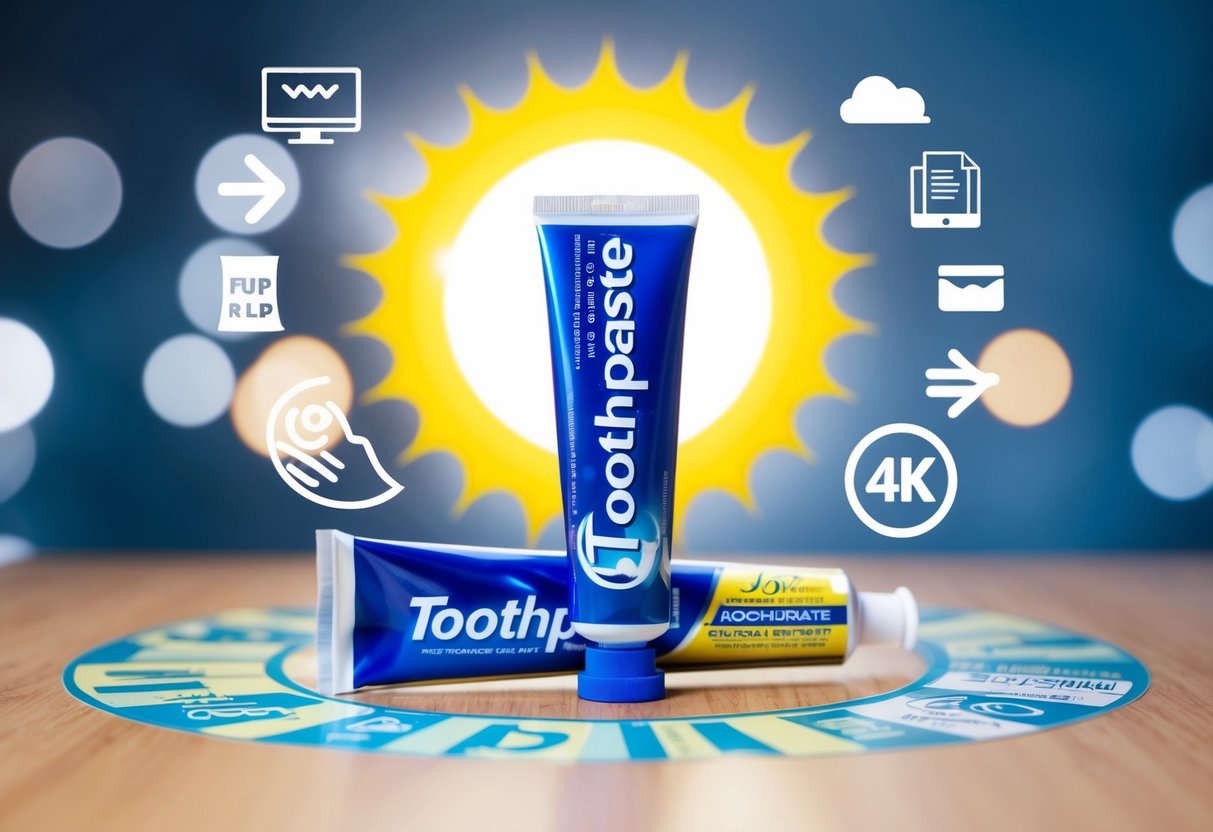 A toothpaste tube with a bright sun and moon in the background, surrounded by promotional graphics and symbols