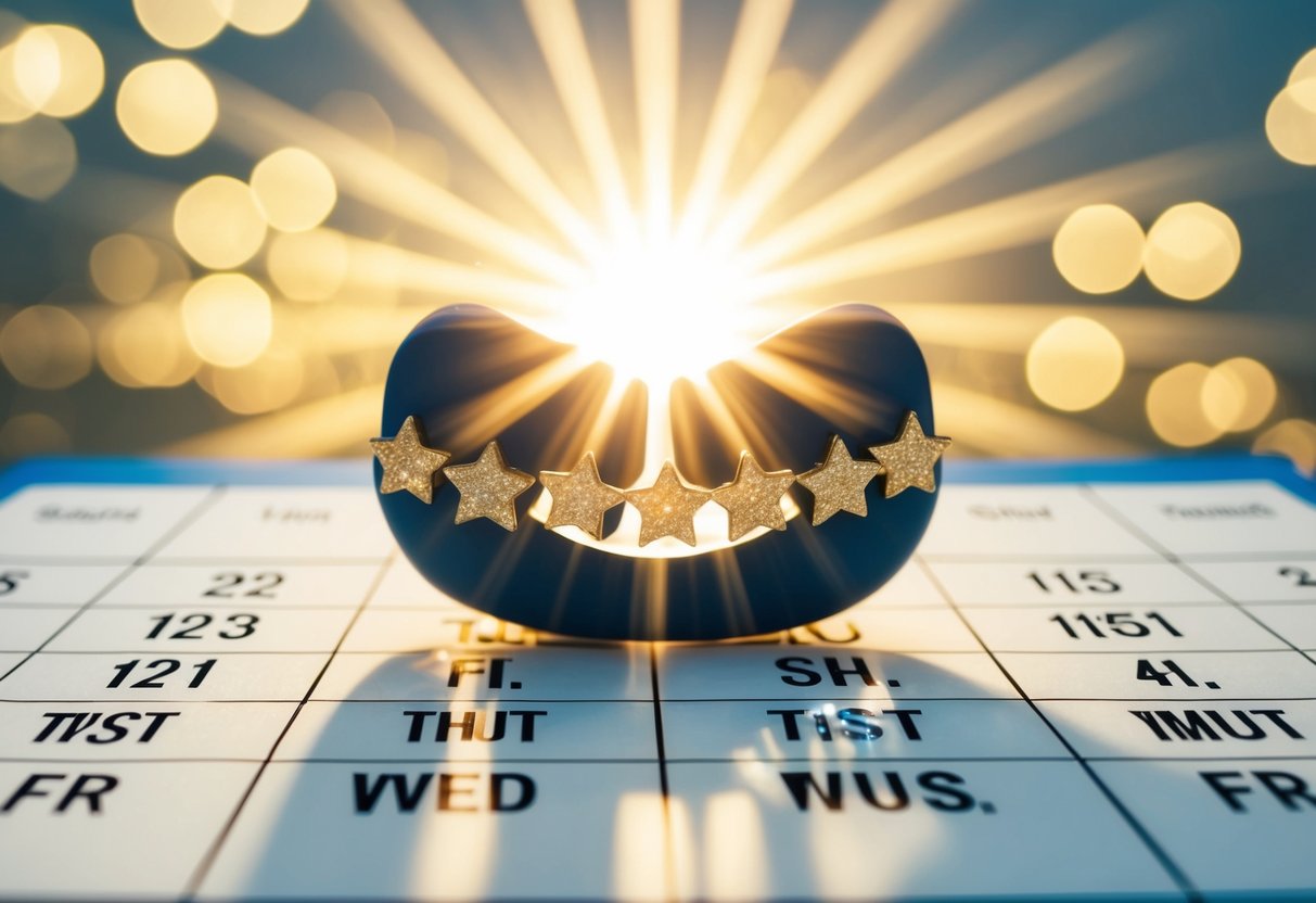 A tooth-shaped sunburst beaming over a calendar with seven bright, sparkling stars marking each day