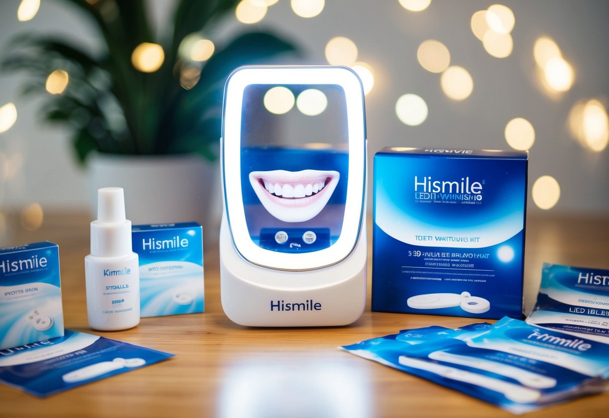 A bright, white smile shines from a Hismile LED Teeth Whitening Kit, surrounded by promotional elements