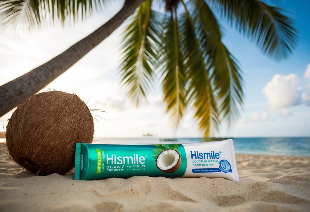 A tropical beach setting with a coconut tree, a tube of Hismile Coconut Whitening Toothpaste, and promotional materials