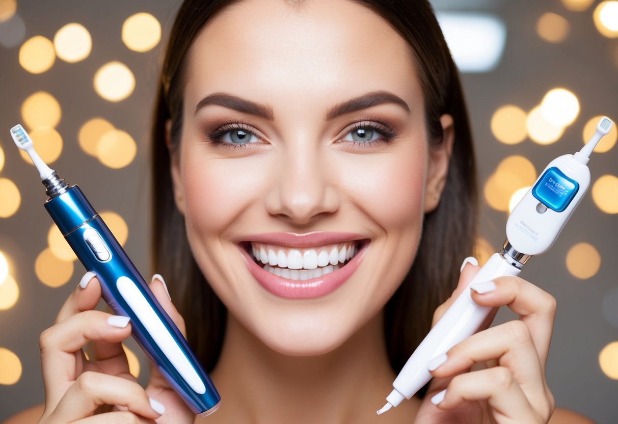 A bright, white smile shines from a toothy grin, surrounded by a sleek, modern teeth whitening pen