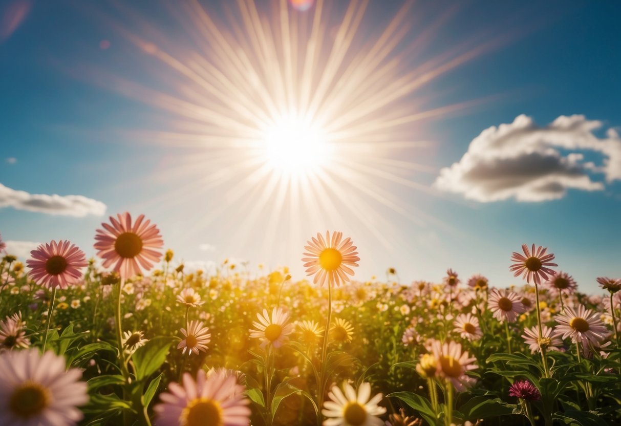 A radiant sunburst shining down on a field of blooming flowers, with a joyful, carefree atmosphere