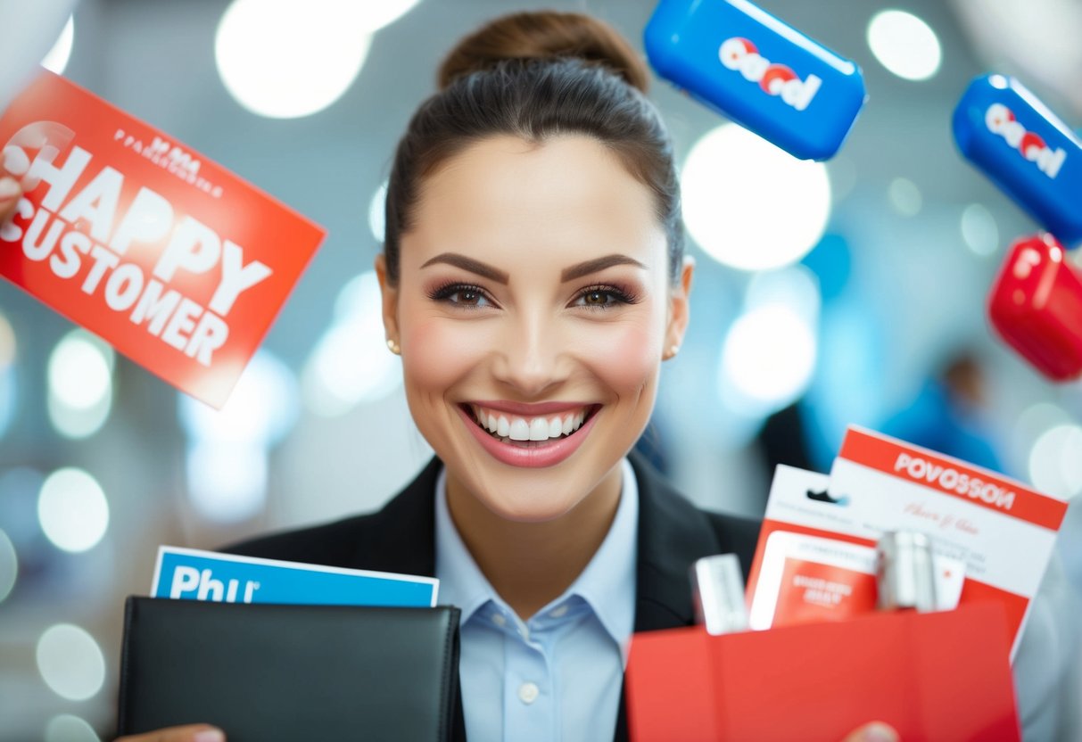 A bright smile with sparkling teeth surrounded by promotional items and a happy customer