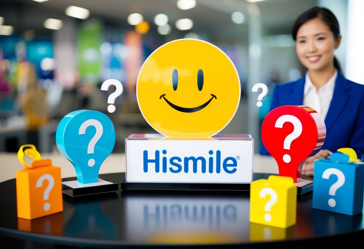 A colorful display of promotional items with the HiSmile logo, surrounded by question marks and a customer service representative