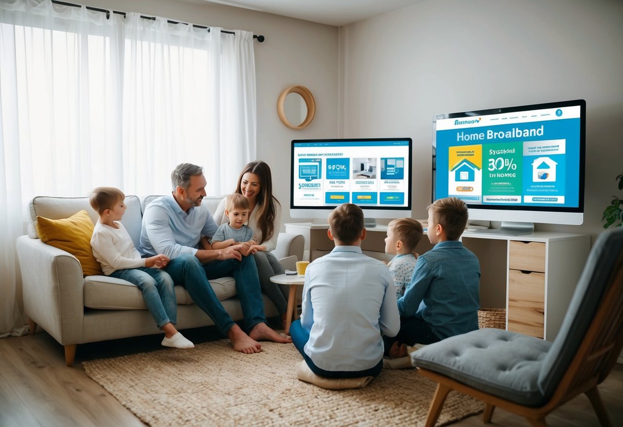 A cozy living room with a family gathered around a computer, browsing through various home broadband promotions on the screen