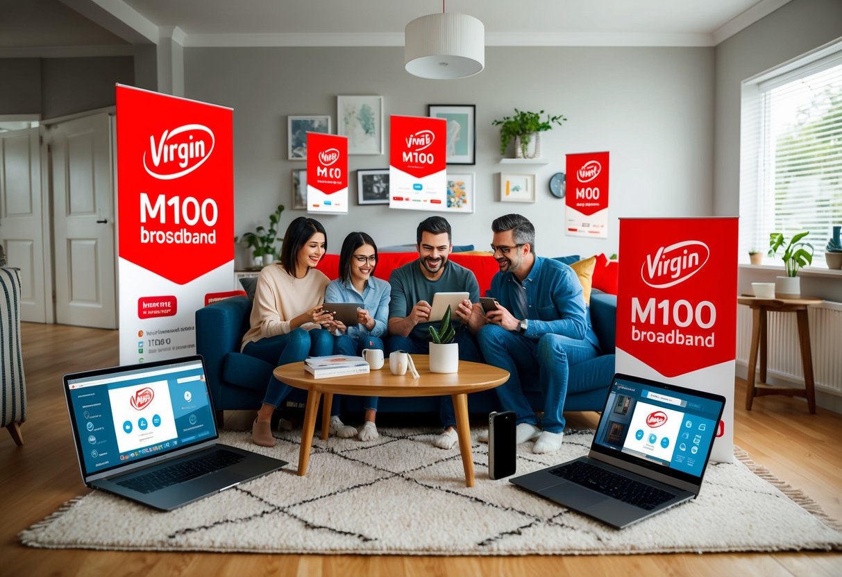 A cozy living room with a family enjoying fast internet on multiple devices, surrounded by promotional materials for Virgin Media M100 Broadband