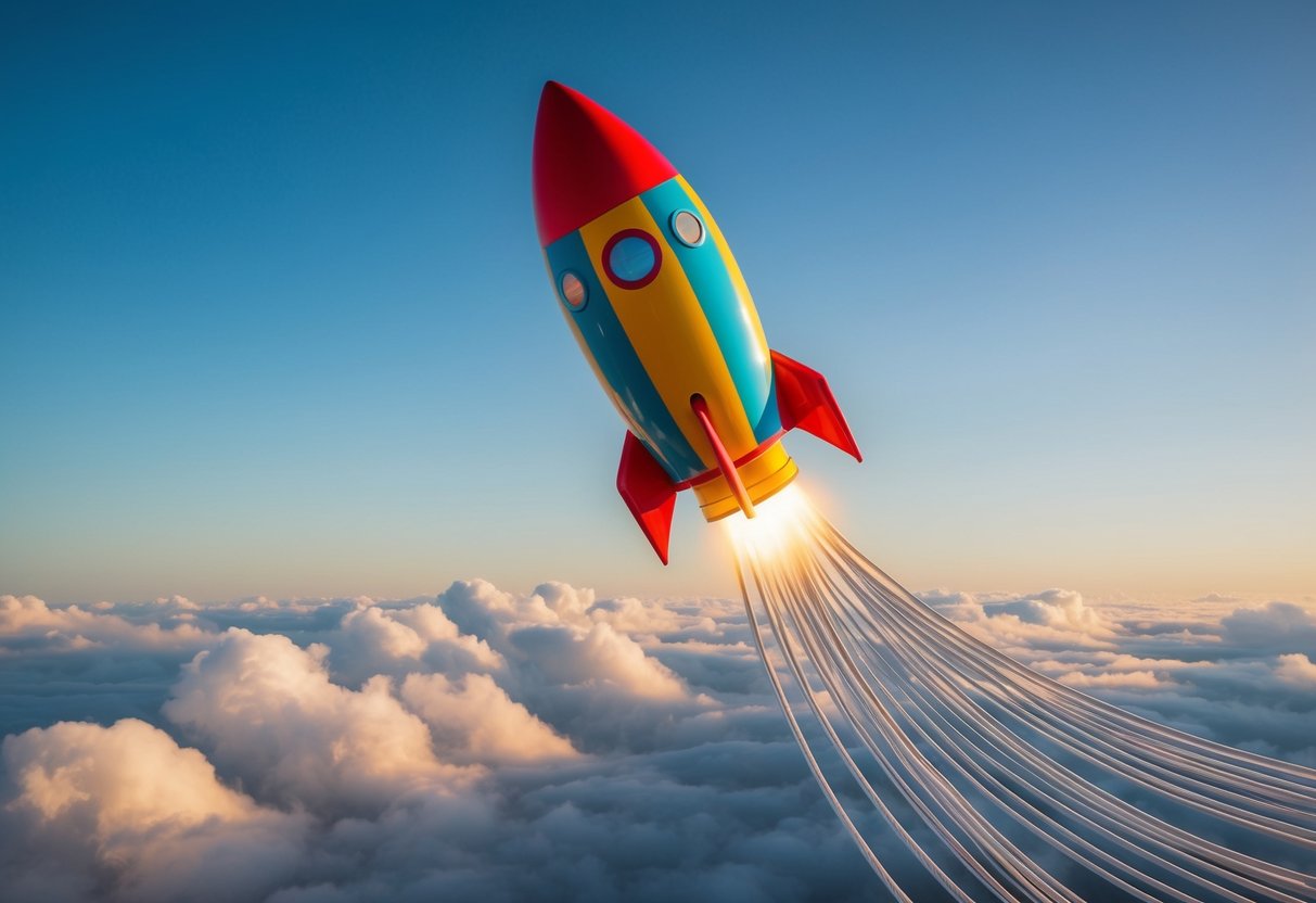 A colorful rocket ship soaring through the clouds, with a trail of lightning-fast internet cables streaming behind it