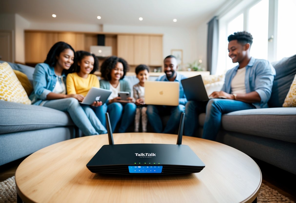 A brightly lit living room with a family gathered around a laptop, streaming videos on multiple devices. A TalkTalk Faster Fibre router sits prominently on the coffee table