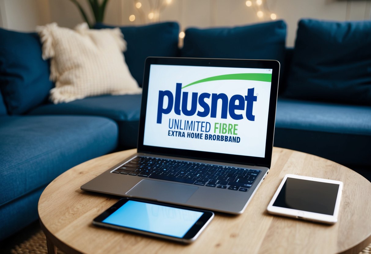 A cozy living room with a laptop, tablet, and smartphone on a coffee table, all connected to Plusnet Unlimited Fibre Extra home broadband