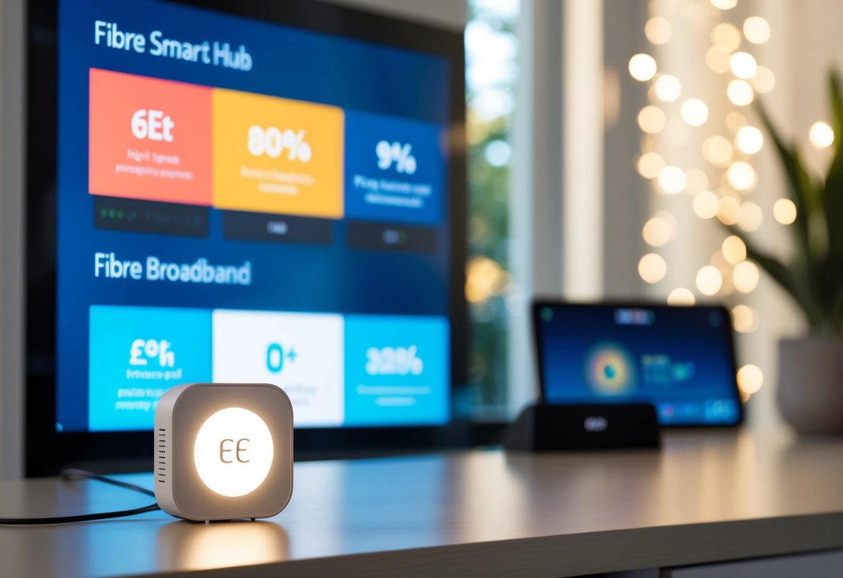 A modern home with a glowing EE Smart Hub and fibre broadband promotions displayed on a digital screen