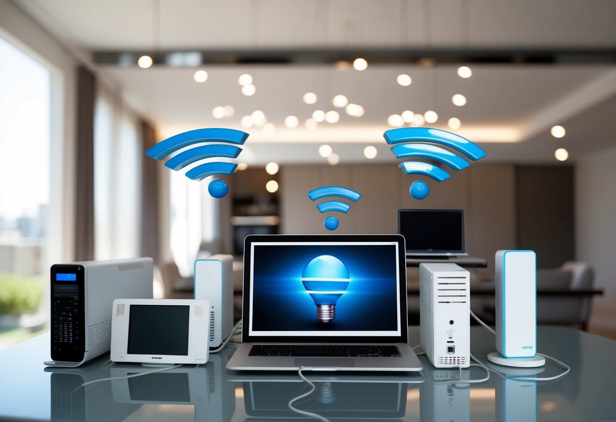 A sleek, modern home with multiple electronic devices connected to high-speed internet