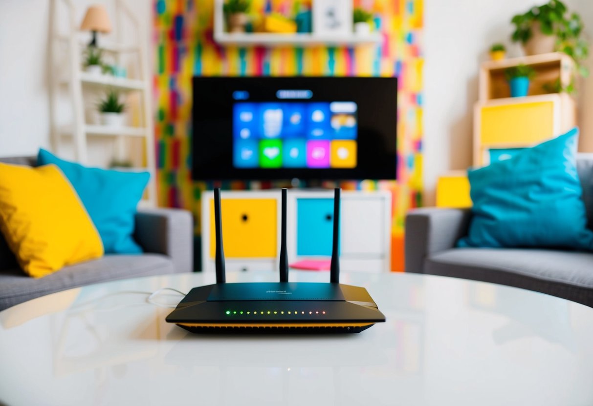 A cozy living room with a modern router and computer setup, surrounded by cheerful, vibrant colors and a sense of connectivity