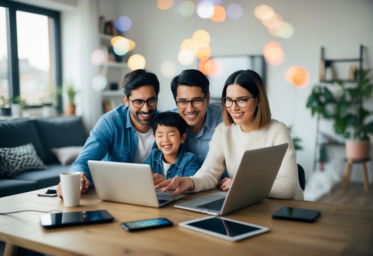 A family enjoying fast internet at home with Zen Internet's Superfast Fibre, surrounded by devices and streaming content