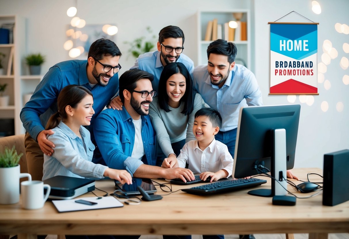 A family happily gathers around a computer, surrounded by various electronic devices and a modem, while a banner displaying "Home Broadband Promotions" hangs on the wall