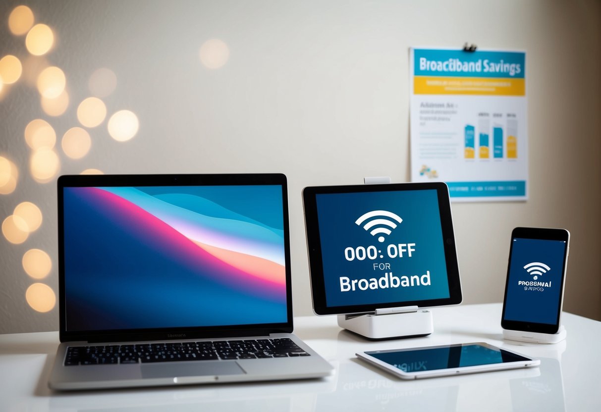 A laptop, smartphone, and tablet arranged on a desk next to a modem and router. A promotional flyer for broadband savings is visible on the wall
