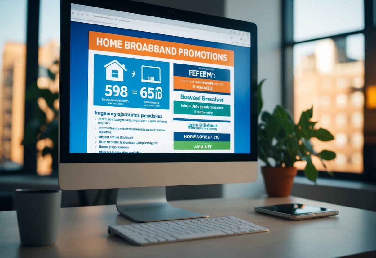 A computer screen displaying various home broadband promotions with a list of frequently asked questions below