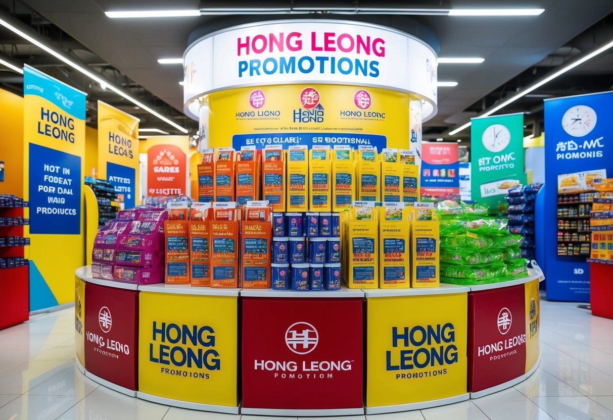 A colorful display of products with Hong Leong promotions, surrounded by eye-catching signage and banners