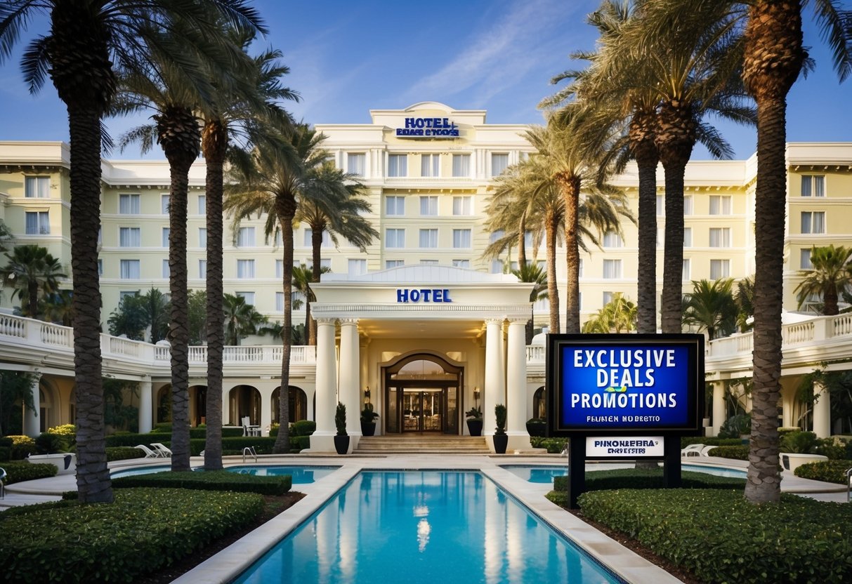 A luxurious hotel with a grand entrance, surrounded by palm trees and a sparkling pool, with a sign advertising exclusive deals and promotions