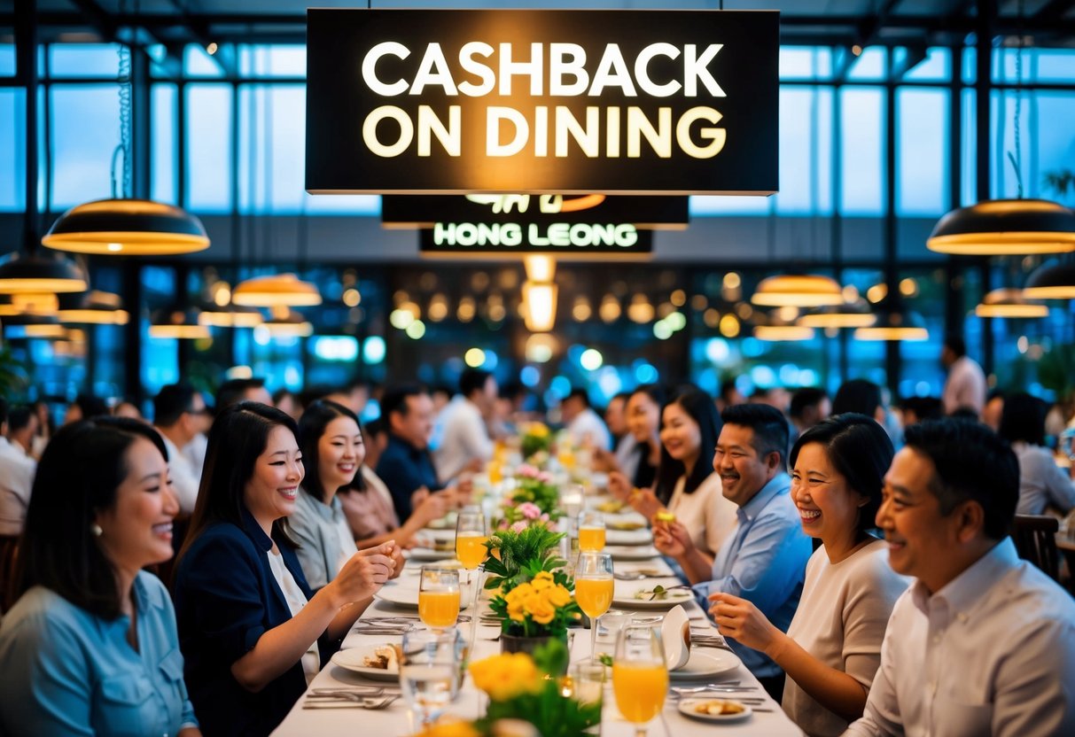 A bustling restaurant with tables filled with happy diners, a prominent sign displaying "Cashback on Dining" hong leong promotions
