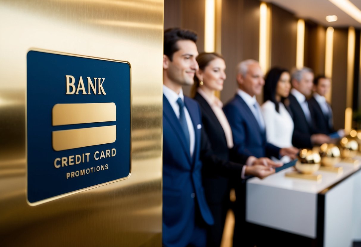 A luxurious setting with a sleek bank logo, a gold credit card, and a line of elegant customers receiving exclusive perks and promotions