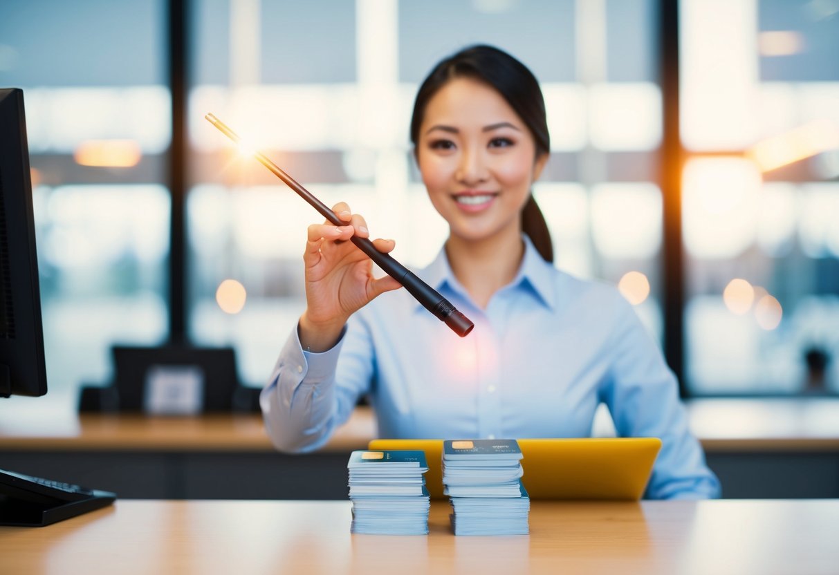 A bank teller waving a wand over a stack of credit cards