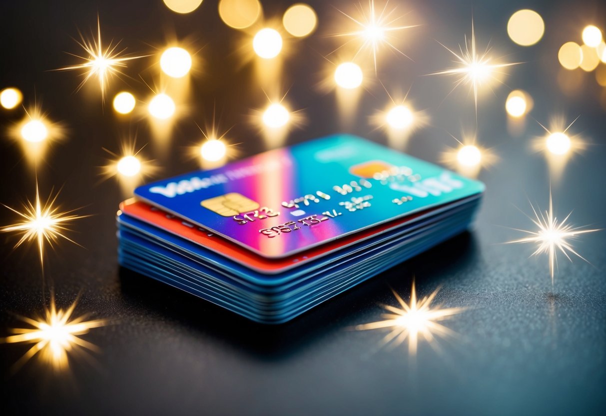 A stack of colorful credit cards surrounded by shining stars and sparkles