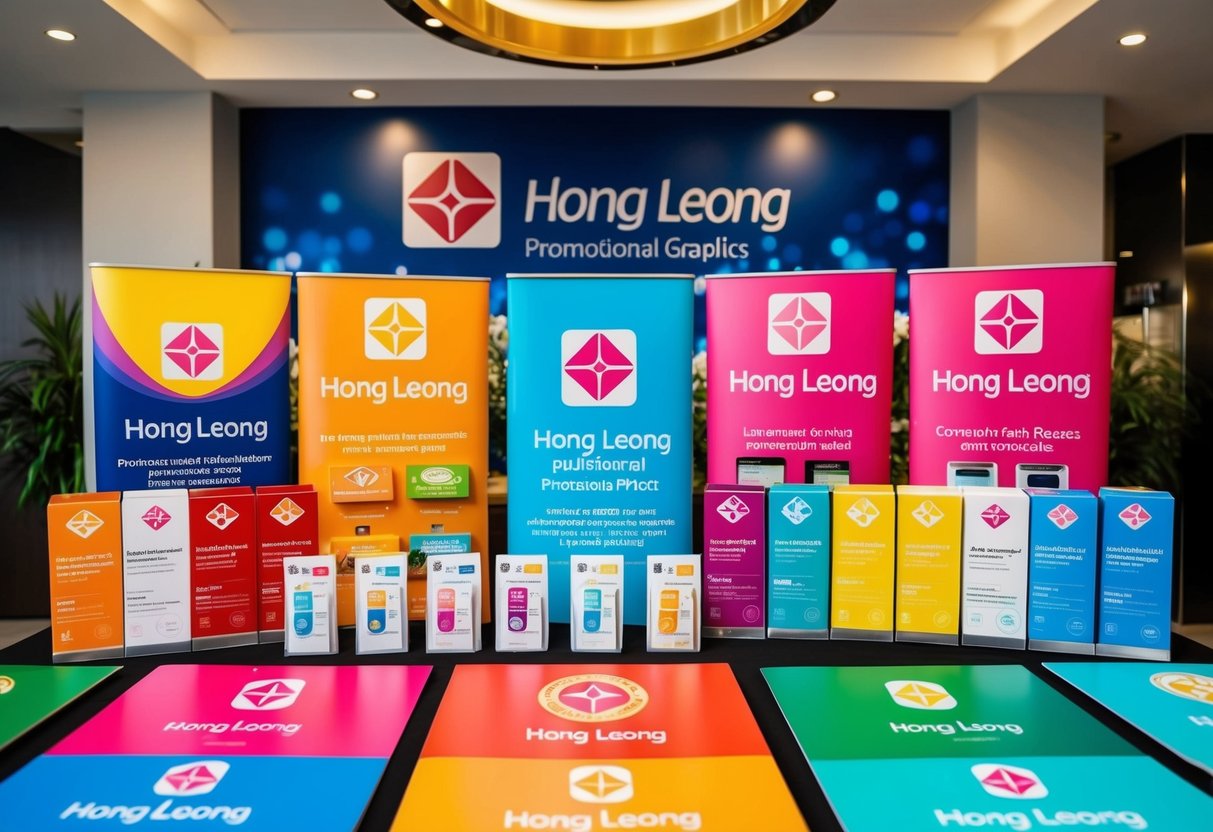 A vibrant display of Hong Leong promotional materials, including logos and colorful graphics, arranged neatly on a table with various products and services showcased