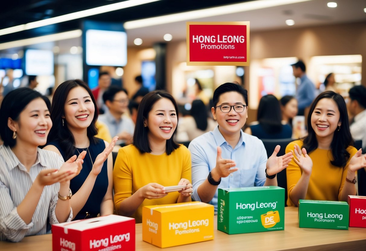 People enjoying various Hong Leong promotions, such as shopping, dining, and travel, with happy faces and a sense of satisfaction