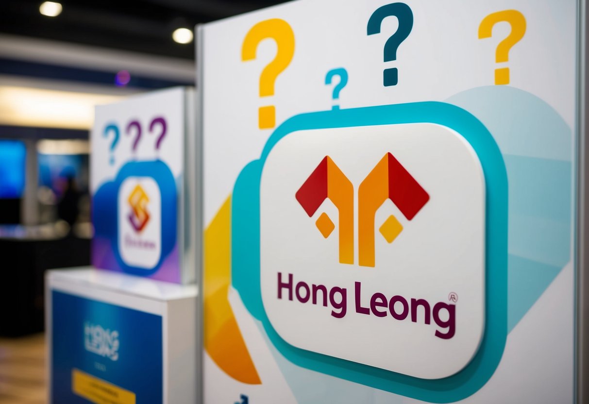 A display of promotional materials with the Hong Leong logo, surrounded by question marks and other visual elements