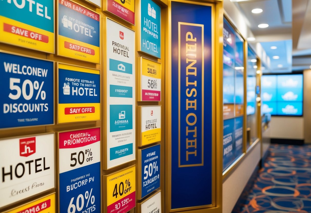 A colorful display of hotel promotions featuring various amenities and discounts