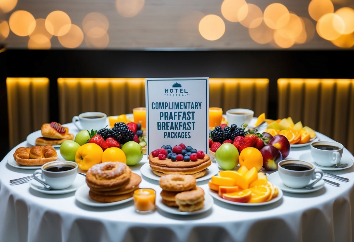 A table spread with fresh fruits, pastries, and coffee, with a sign promoting complimentary breakfast packages at a hotel
