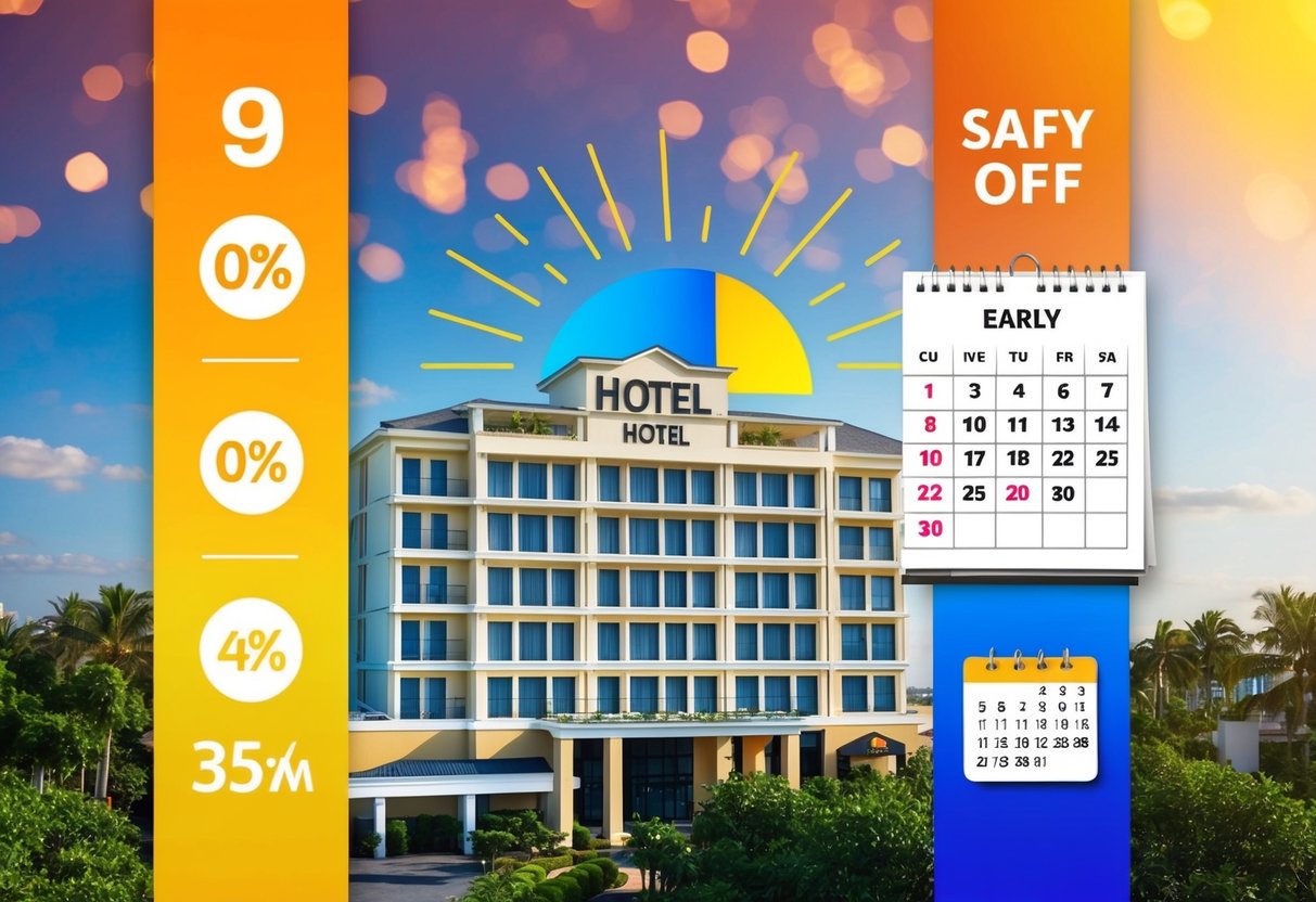 A colorful banner with a sun rising over a hotel building, surrounded by discount symbols and a calendar with an early booking date