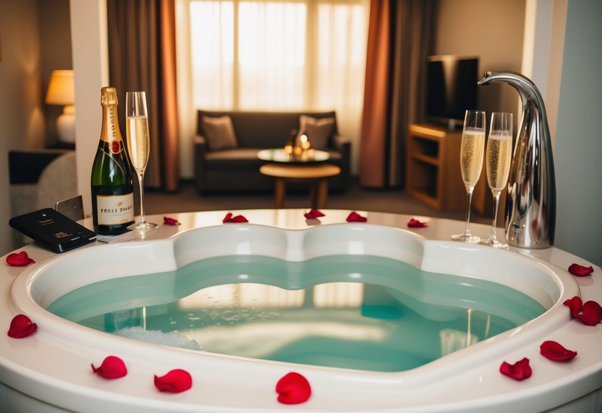 A cozy hotel room with a heart-shaped jacuzzi, rose petals, and champagne on ice