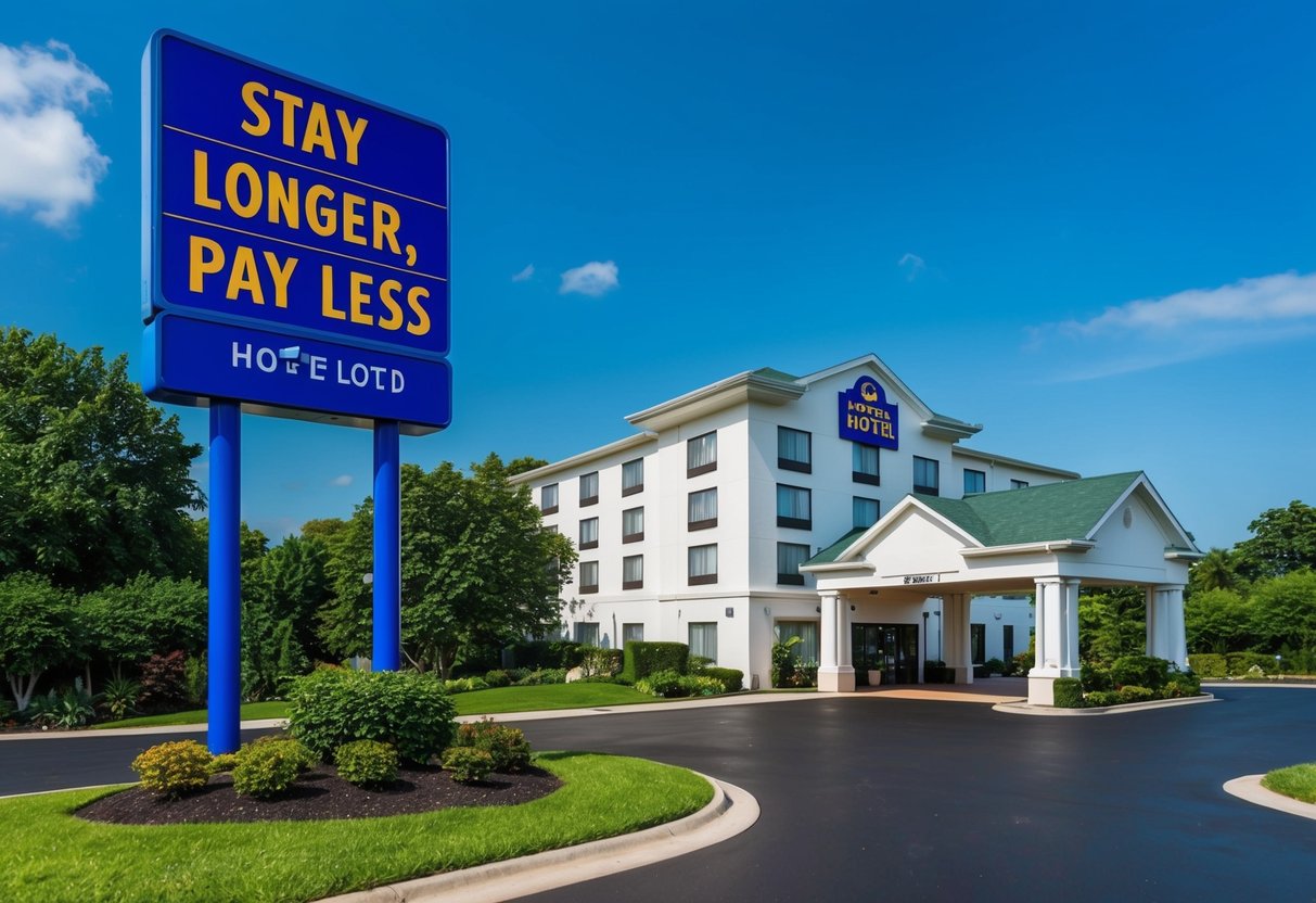 A hotel with a "Stay Longer, Pay Less" banner displayed prominently outside the entrance, surrounded by lush greenery and a clear blue sky