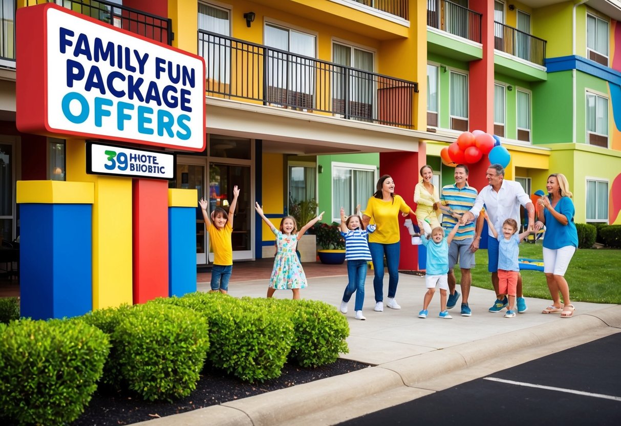 A colorful hotel exterior with a sign advertising "Family Fun Package Offers" surrounded by happy families enjoying activities