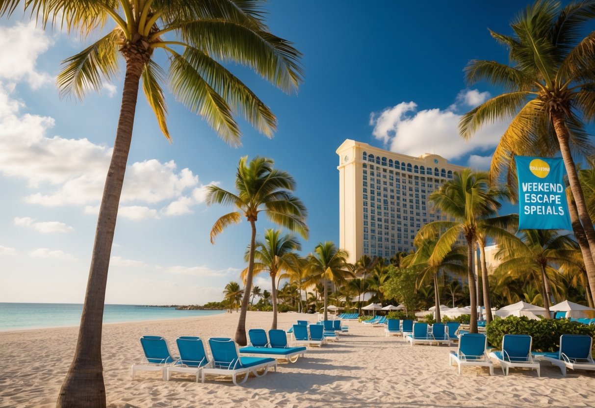 A sunny beach with a luxury hotel in the background, surrounded by palm trees and lounge chairs. A banner advertises "Weekend Escape Specials" in the sky