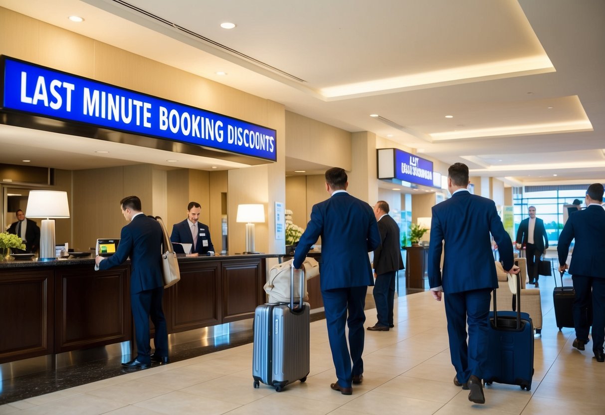 A bustling hotel lobby with a prominent "Last Minute Booking Discounts" sign, guests checking in, and staff assisting with luggage