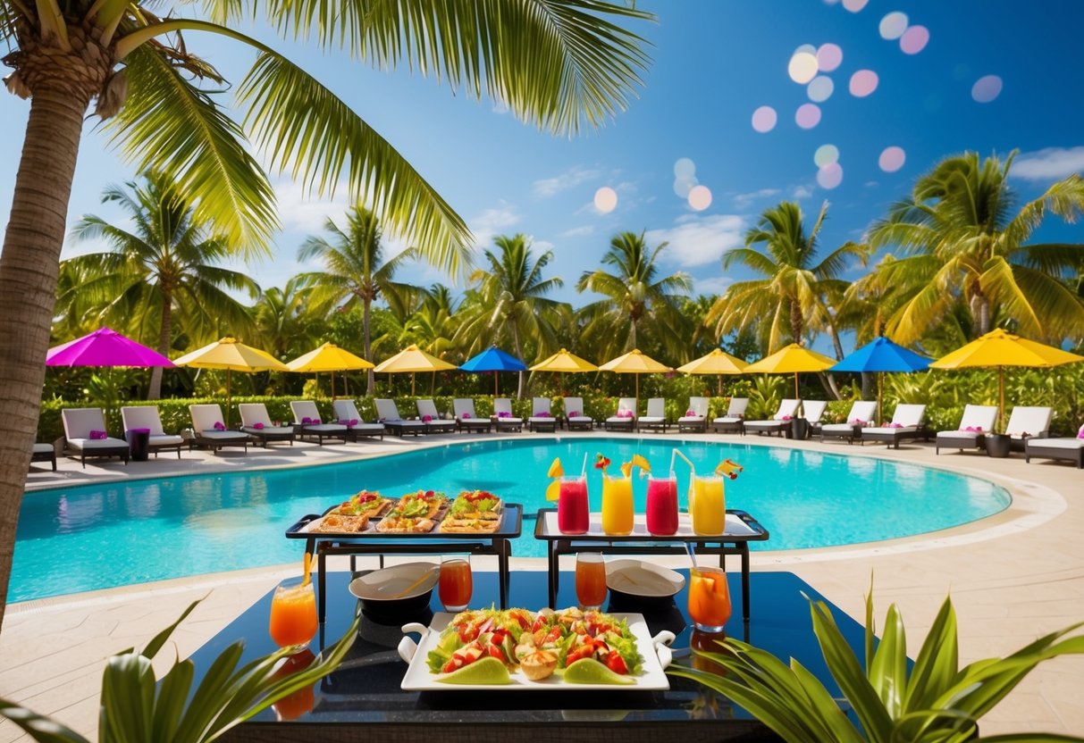 A vibrant beachfront resort with palm trees, loungers, and a sparkling pool. A buffet spread and tropical drinks are served under colorful umbrellas