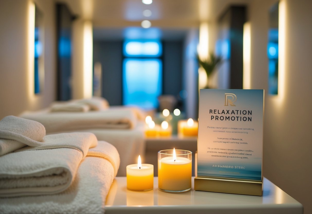 A tranquil spa with soothing lighting, plush robes, and aromatic candles. A relaxation promotion sign displayed prominently
