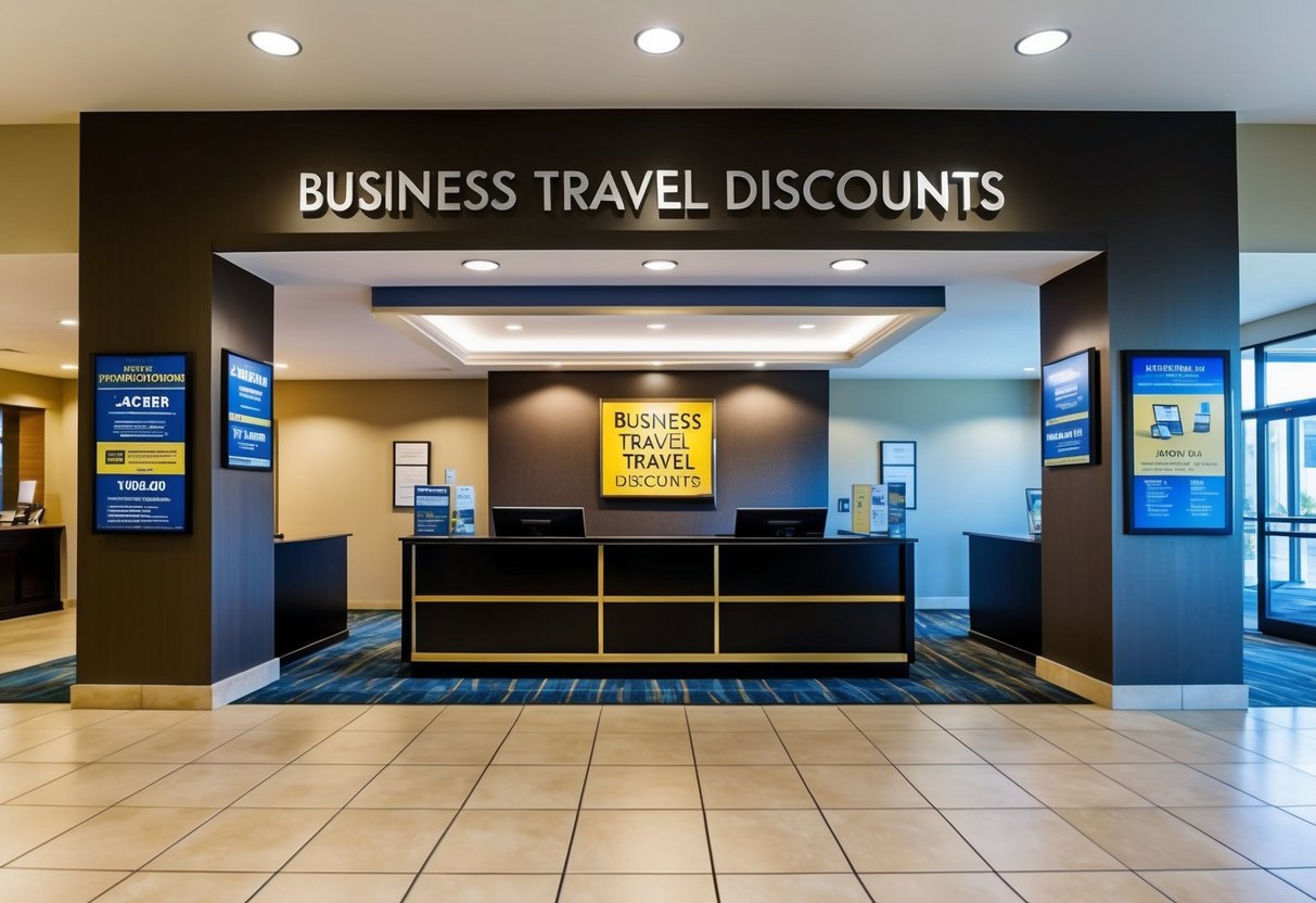 A hotel lobby with a prominent "Business Travel Discounts" sign, surrounded by promotional materials and a check-in desk