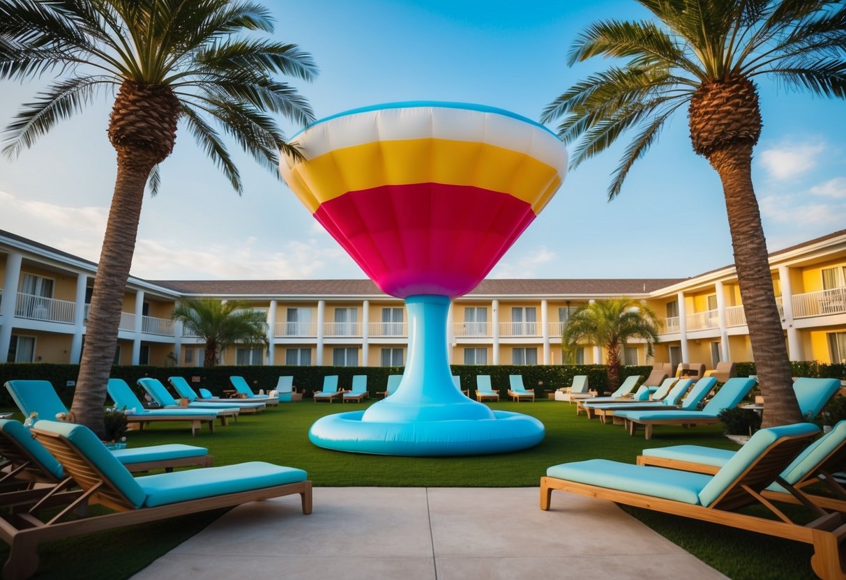 A hotel with a giant inflatable pool in the shape of a cocktail glass, surrounded by palm trees and lounge chairs