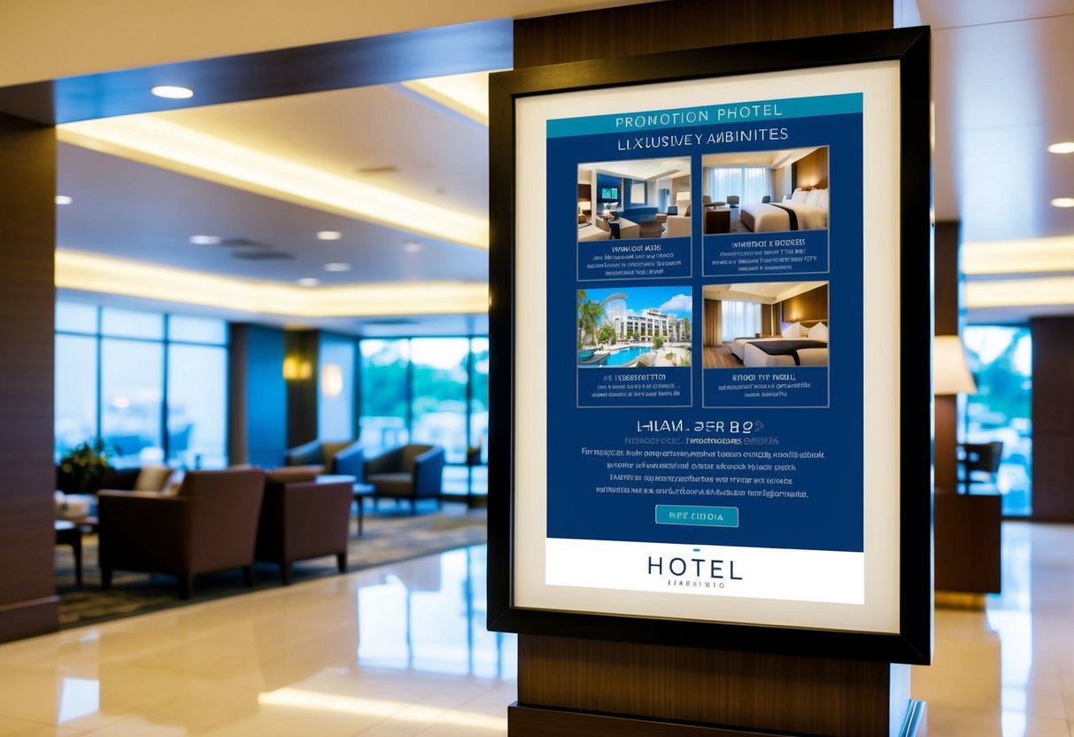 A hotel promotion poster displayed in the lobby, featuring images of luxurious amenities and enticing offers