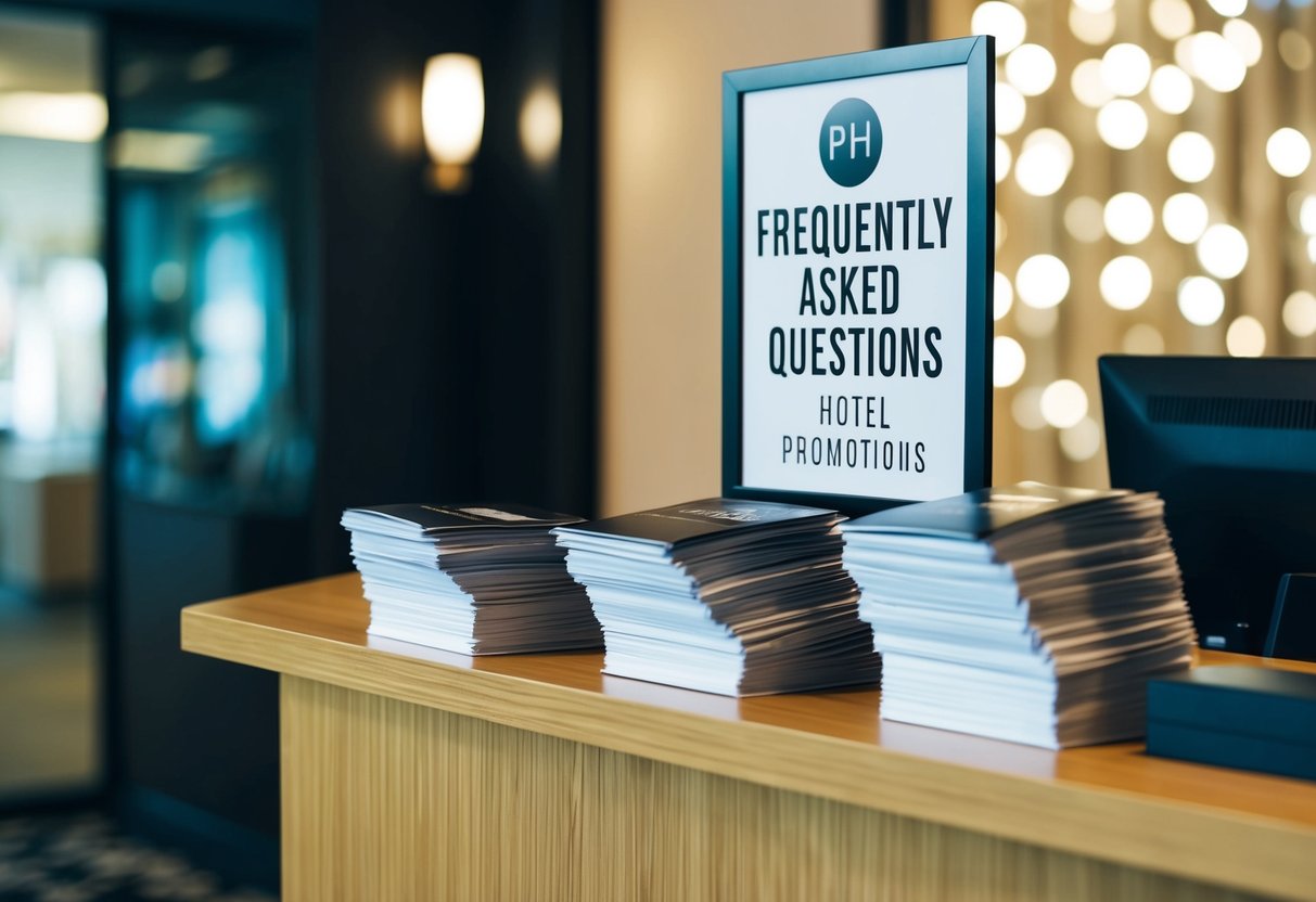 A hotel reception desk with a stack of pamphlets and a sign promoting "Frequently Asked Questions" about hotel promotions