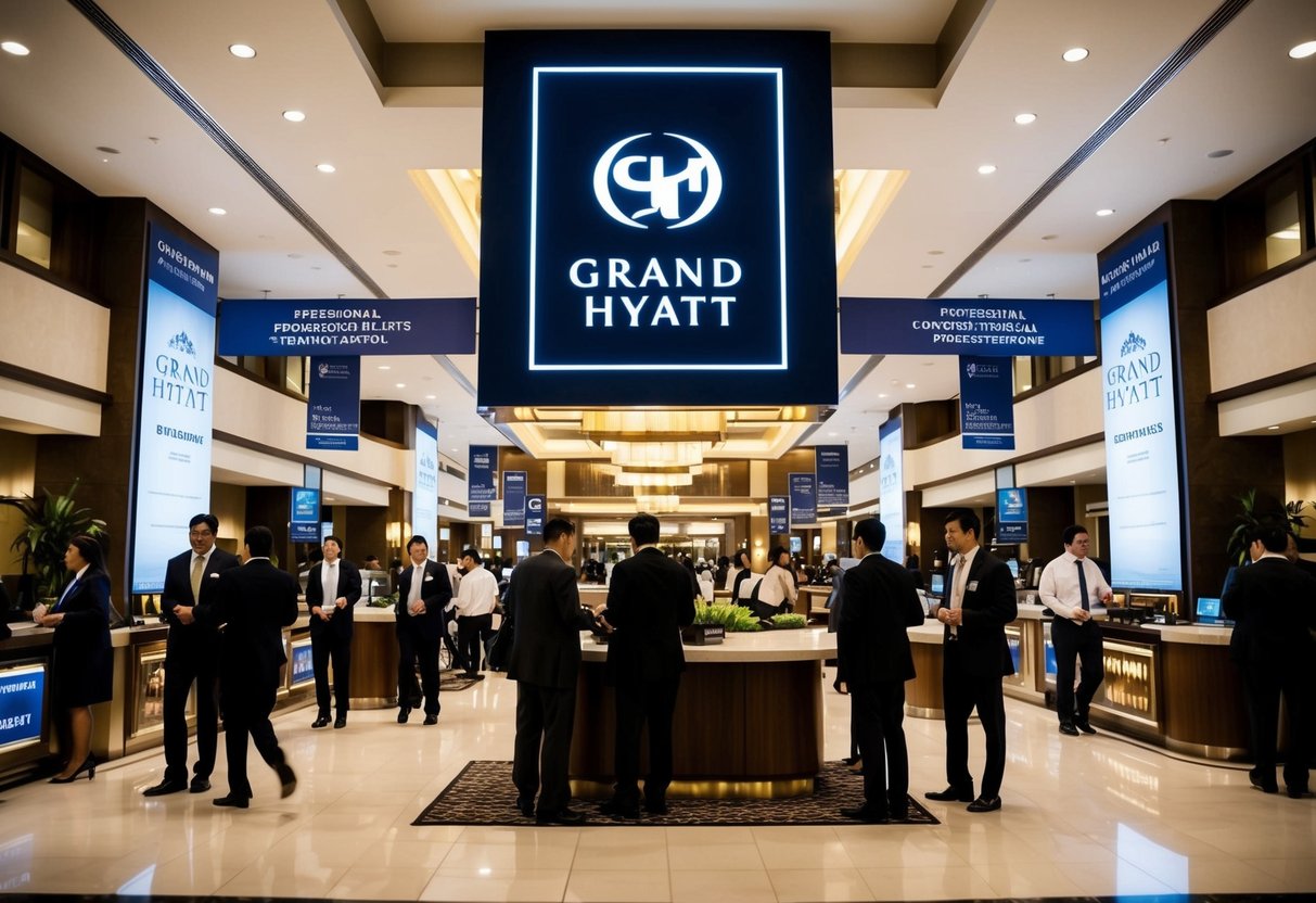 A bustling hotel lobby with a prominent "Grand Hyatt" logo, surrounded by promotional banners and signs. Guests and staff interact in a lively atmosphere