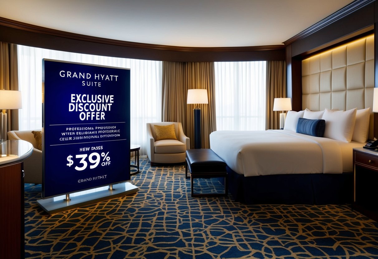 A luxurious suite at Grand Hyatt with promotional signage and exclusive discount offer displayed prominently